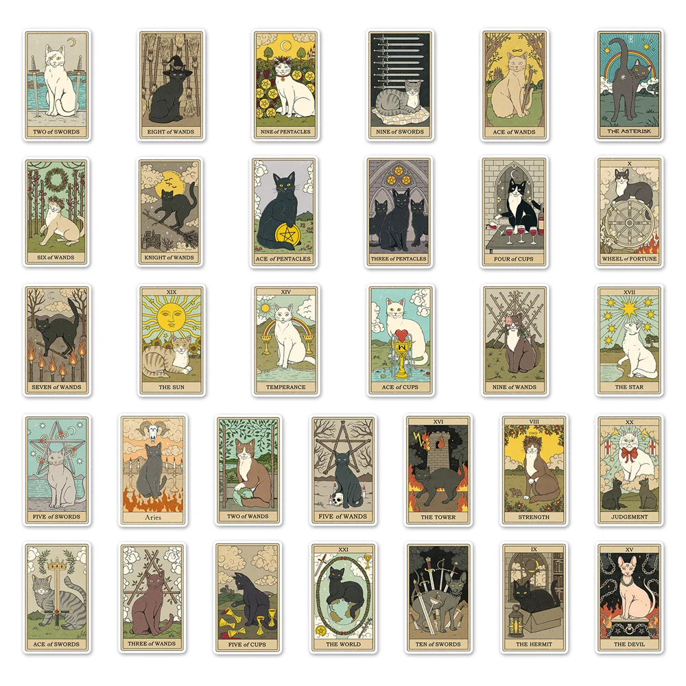 50/62pcs Retro Cat Tarot Stickers For Scrapbook Stationery Ipad Vintage Sticker Aesthetic Scrapbooking Material Craft Supplies