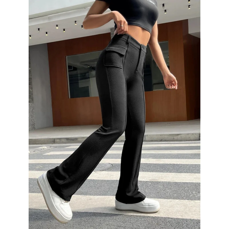 

YQ1-2025New Women's ClothinginsStreet Style Pocket Slim Fit Solid Color Stretch Flared Pants Casual Trousers