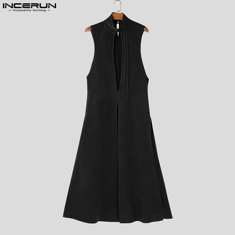 INCERUN Herren Lange Tanktops Einfarbig Rollkragen Ärmellose Männerwesten Streetwear 2026 Ausgehöhlte Modische Unisex-Oberteile
