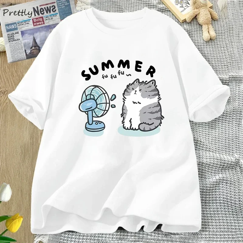 Summer Funny Cat and Fan Pattern T-shirt Women's Cotton Short Sleeved T-shirt Harajuku Clothing Women's Street Clothing Top