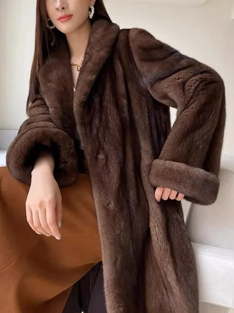 Luxurious Brown Faux Fur Maxi Coat, Women‘s Long Sleeve Plush Jacket Turn Down Collar Warm Outerwear, 2025 Winter Mob-Wife Style