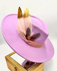 Pomarańczowy kapelusz fedora 9.5cm rondo pióro akcesoria szerokie rondo jazz kapelusz kobieta imitacja kapelusz fedora mężczyzna moda panama kapelusz ślub