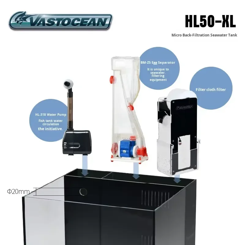 LED Glass Saltwater Fish Tank Filter with Protein Separator and Manual Cleaning Cotton for Coral Reef Aquarium System Setup