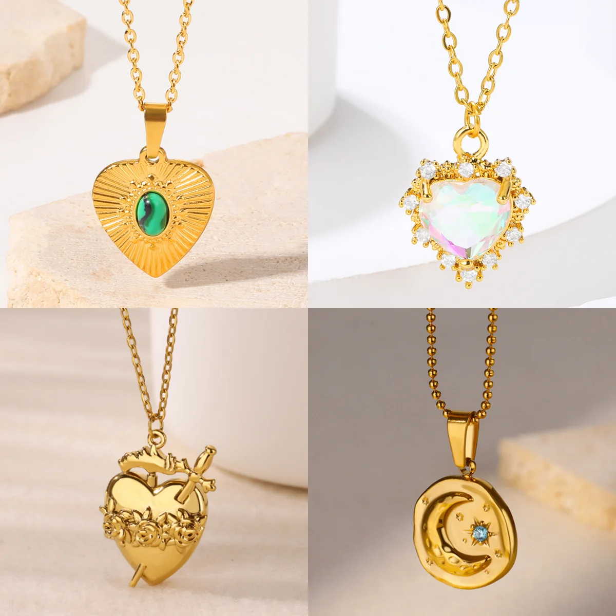 Retro Herz Zirkonia Damen Anhänger Halsketten Vergoldet Edelstahl Luxus Mond Schmuck Halskette Party Geschenk Kostenloser Versand