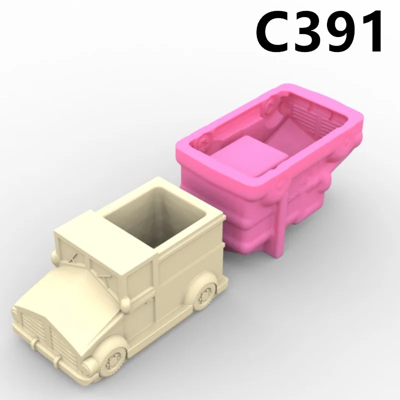 C391 Cartoon Jeep Car Vase Flower Pot Ashtray Pen Holder Silicone Mold Scented Mold For Gypsum and Concrete Stone Carving Art Or