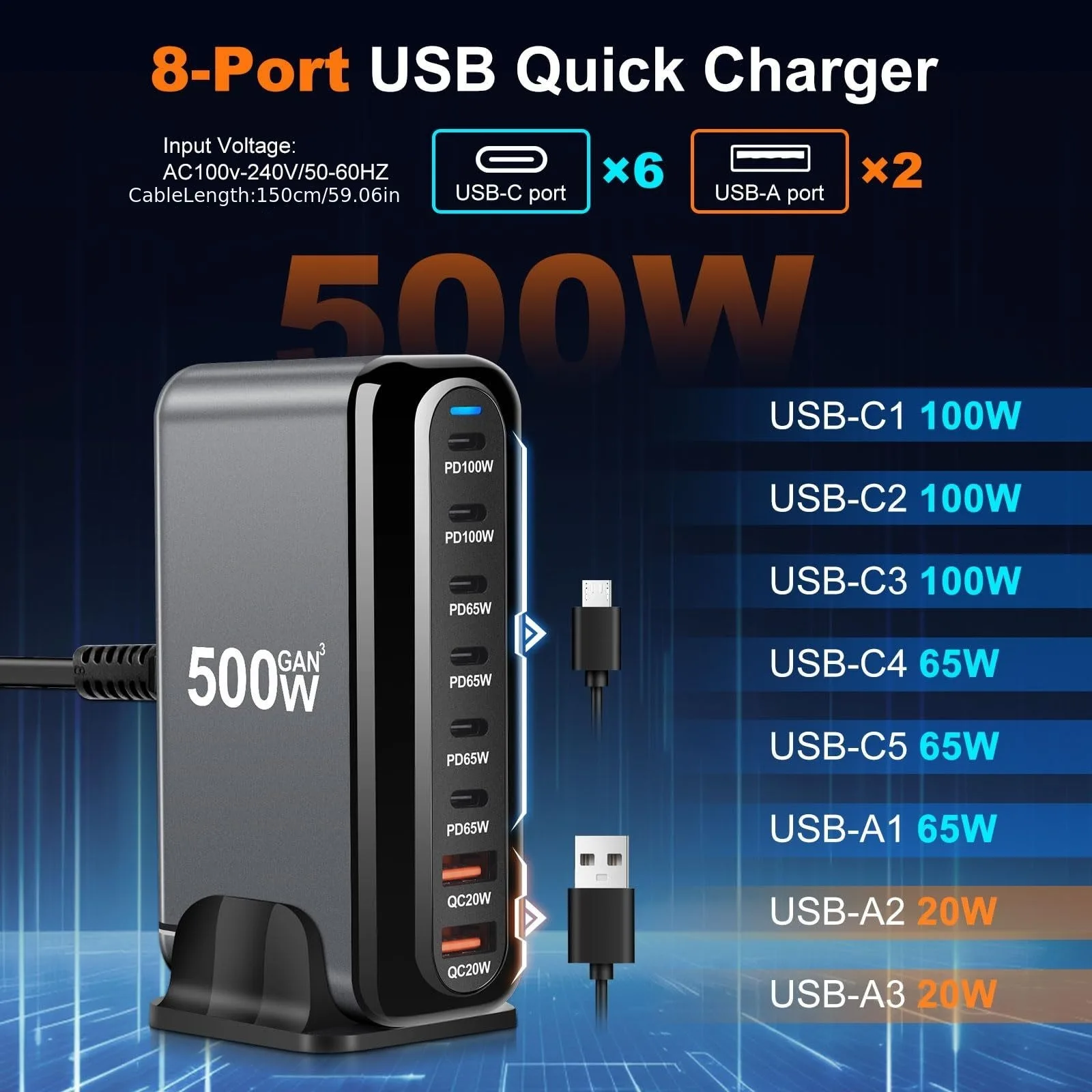 

500W GaN Fast Charger Station, 8-Port USB C Charge 2A6C Power Adapter for Cellphones High Power for IPhone/Xiaomi LED Indicator