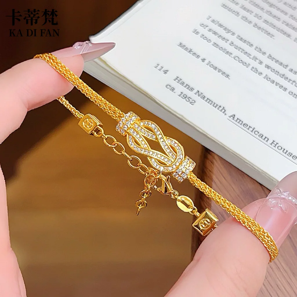 Luxury 9999 24K Solid gold certifid point diamond leopard head horseshoe buckle line bracelet fashionable real gold jewelry