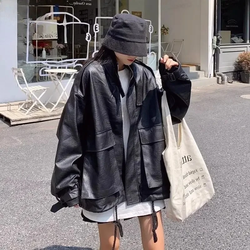 

Fashionable Retro Hong Kong Style Design PU Leather Jacket Women's Korean Version Casual Versatile Long Sleeved Coat