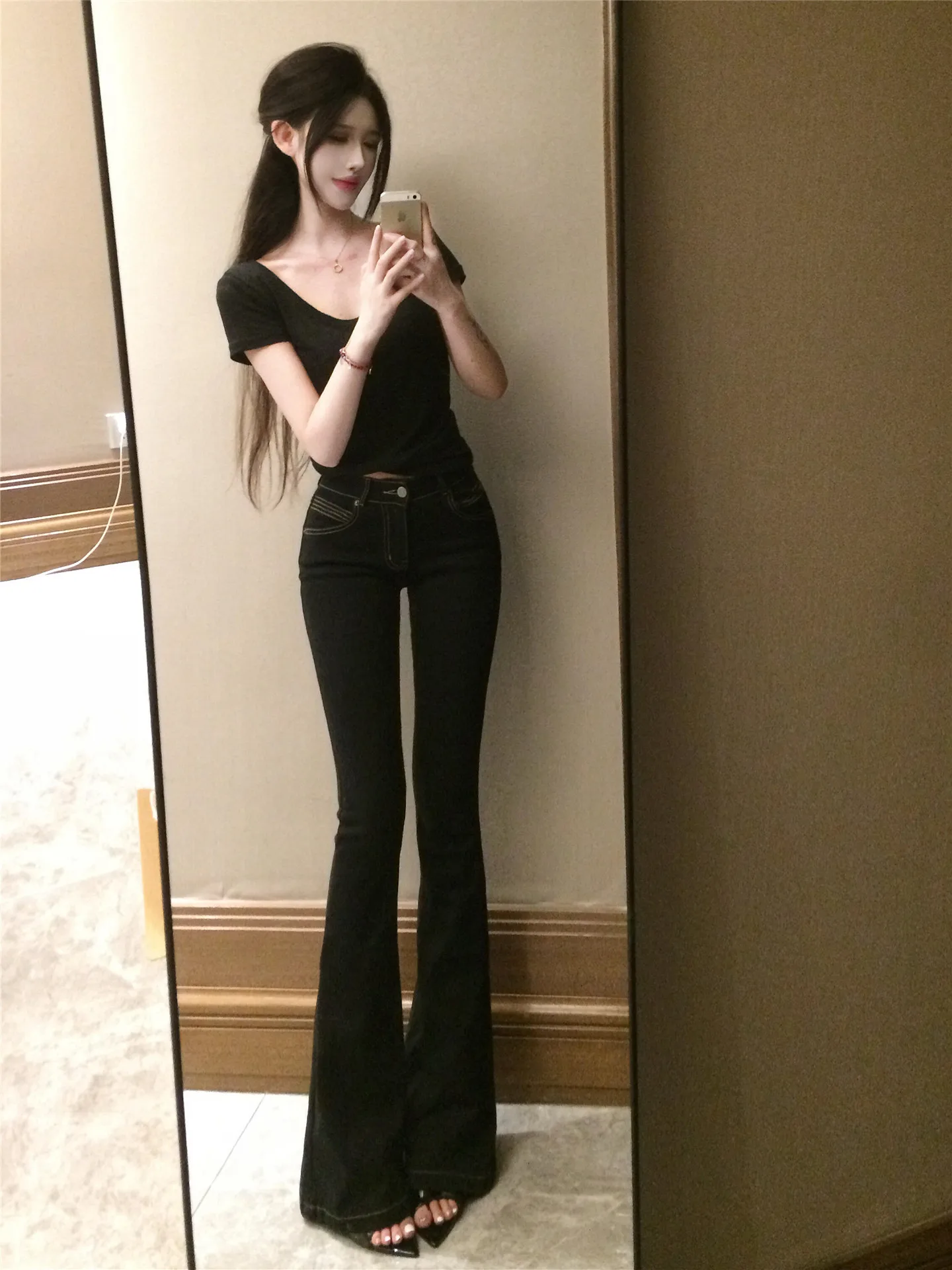 

Американские ретро-джинсы с низкой посадкой и расклешенными штанинами для женщин, весна-осень, с эффектом похудения, удлиненные, повседневные, из эластичного хлопка