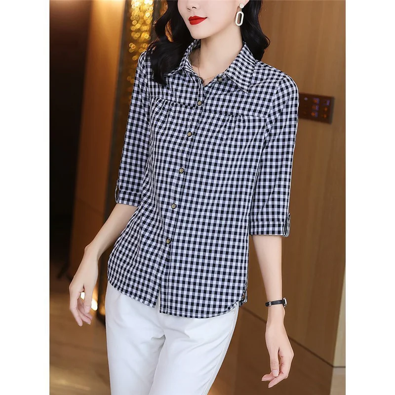 Elegant Plaid Print Loose Turn Down Collar Cotton Button Up Shirt Women Fashion Casual Half Sleeve All Match Ladies Tops Blouses