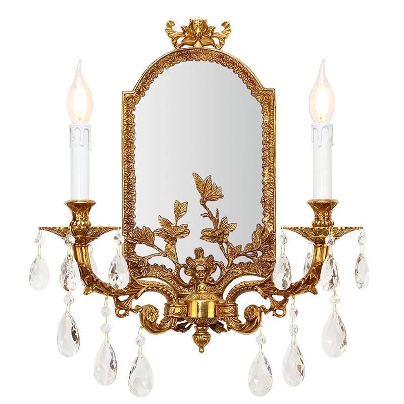 European Classic Wall Bracket Lighting Indoor Mirror With Candle Light Brass Wall Lamp Double Arms French Light