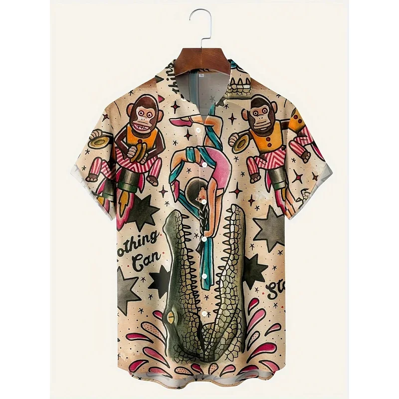 

Мужская летняя повседневная гавайская рубашка больших размеров с принтом крокодила и гориллы в стиле аниме, модная новинка 2025 года с короткими рукавами