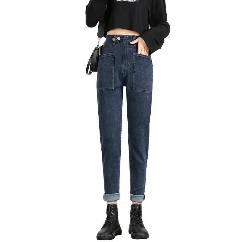 2023 Vintage Washed Denim Harem Pants Women Stretch Jeans High-waist Pocket Slim Lady Casual Pants Cozy Oversize Jeans Trousers