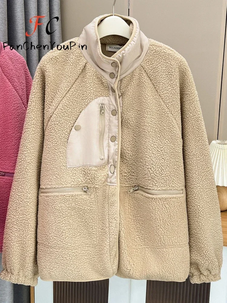 Women\'s Coats 2024 New Design Sense Casual Vintage Button Pink Fleece Lamb Patchwork Tops Korean Over-size Loose Jackets Female