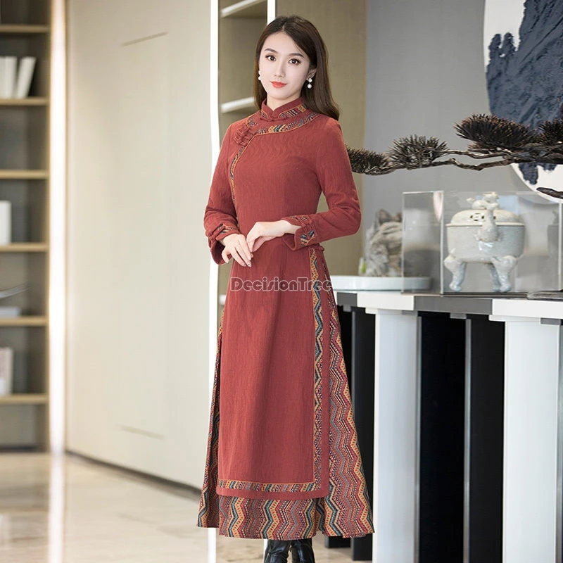 2024 autumn new vietnam aodai qipao dress chinese style temperament slim thin printing qipao elegant vintagel improved cheongsam