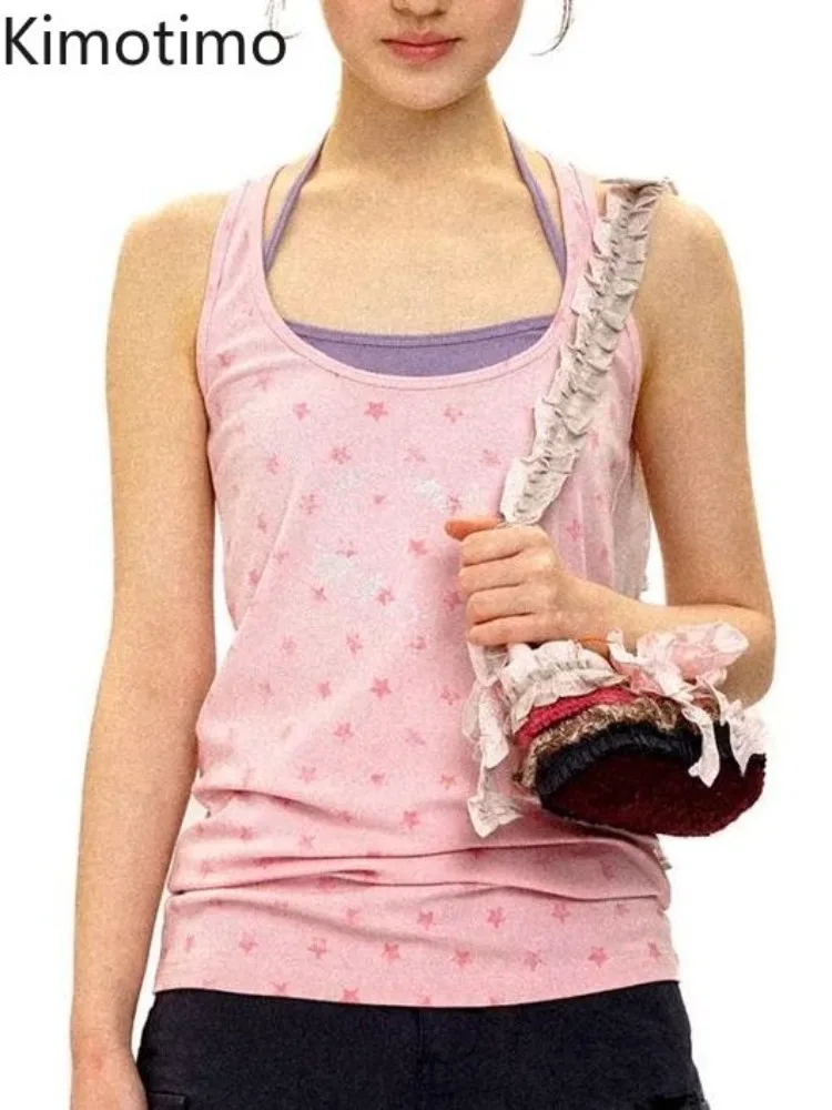 Kimotimo Star Print Vest Women American Retro Sleeveless Slim Tops Two Piece Sets Summer Sweet Spicy Girl Y2k Aesthetic Tanks