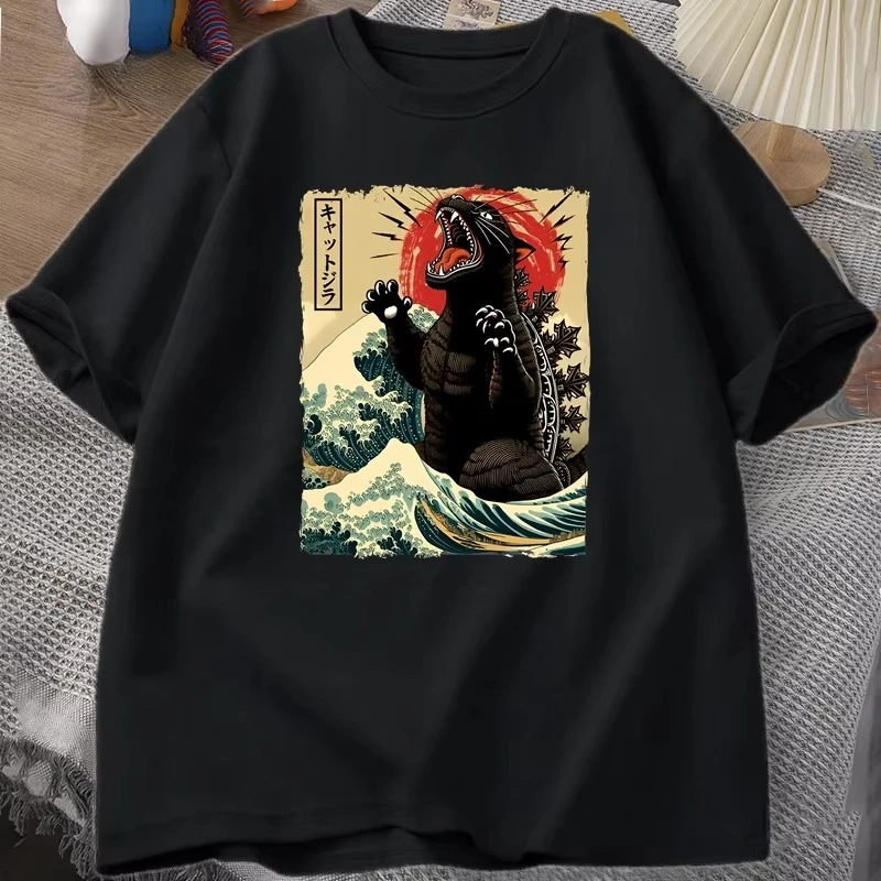 Catzilla Cat T-Shirt for Cat Owner Clothes Funny Harajuku Oversized Tshirts Men's Cotton Tshirt Unisex Printed Cat Lover Clothes