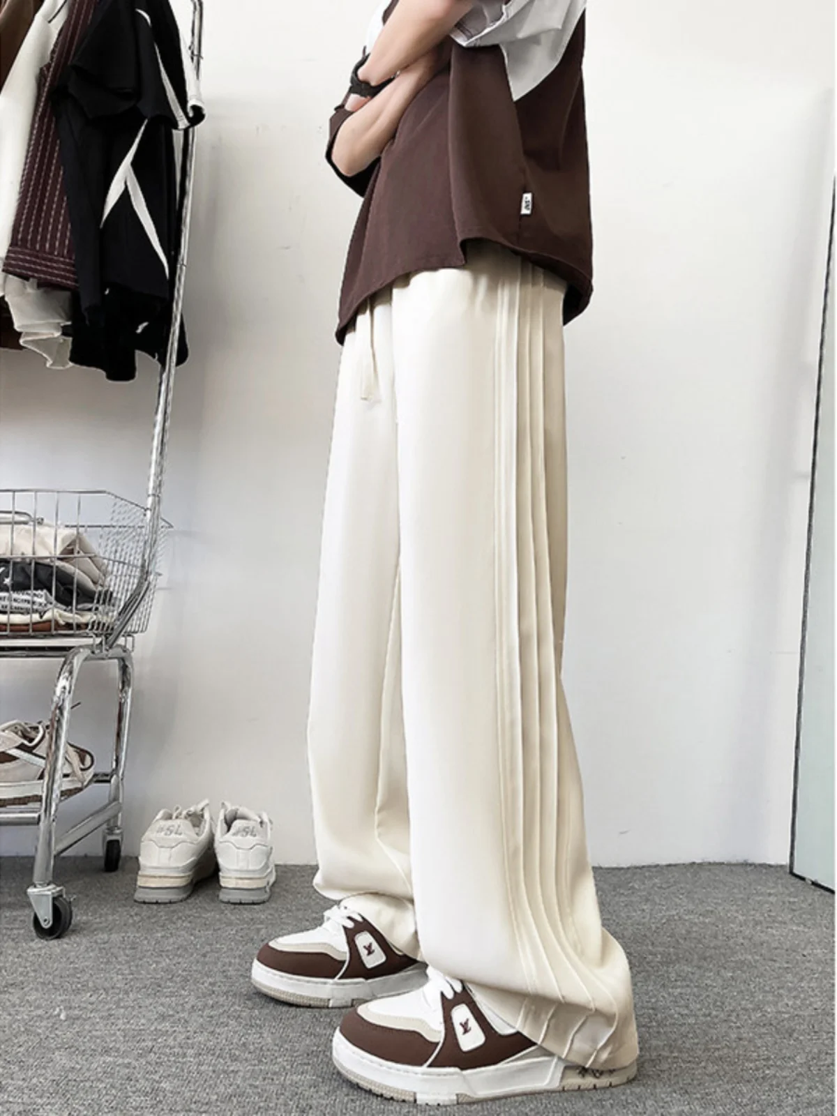 

Летние тонкие брюки из ледяного шелка с широкими штанинами, повседневные длинные брюки для мужчин, спортивные брюки в полоску, прямого кроя, в пол, струящиеся, легкие