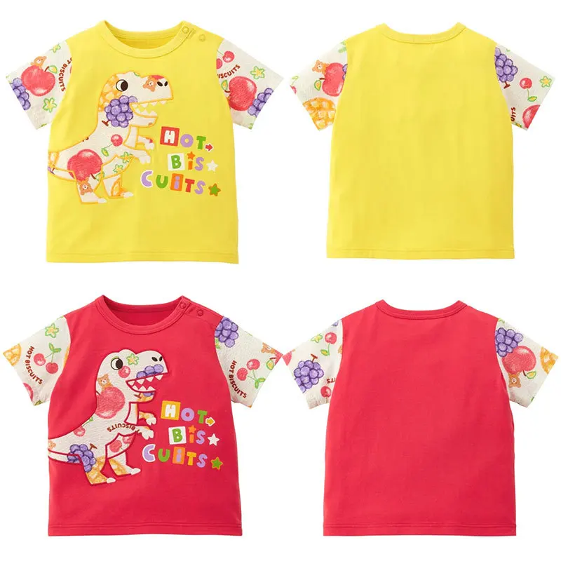 

Promotion 2025 Summer New Boys' and Girls' Cartoon Dinosaur Apple Embroidery Round Neck Short sleeved T-shirt Inner Match
