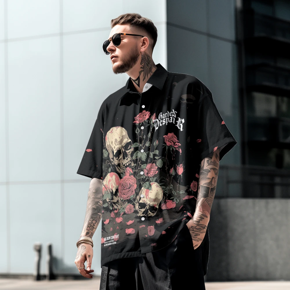 

Summer casual oversized short sleeved shirt with skull print, loose fit, comfortable Hawaiian beach trend, single breasted