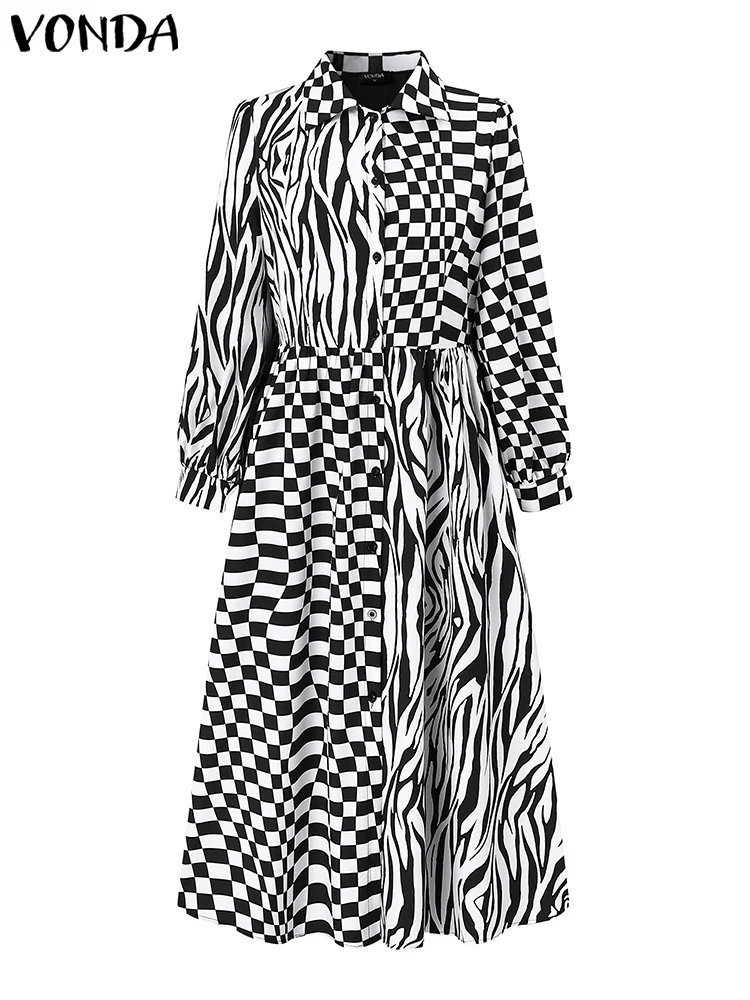 VONDA Damska sukienka koszulowa 2024 Elegancka damska sukienka biurowa z długim rękawem Casual Lapel Collar Printed Party Vestidos Oversized Robe