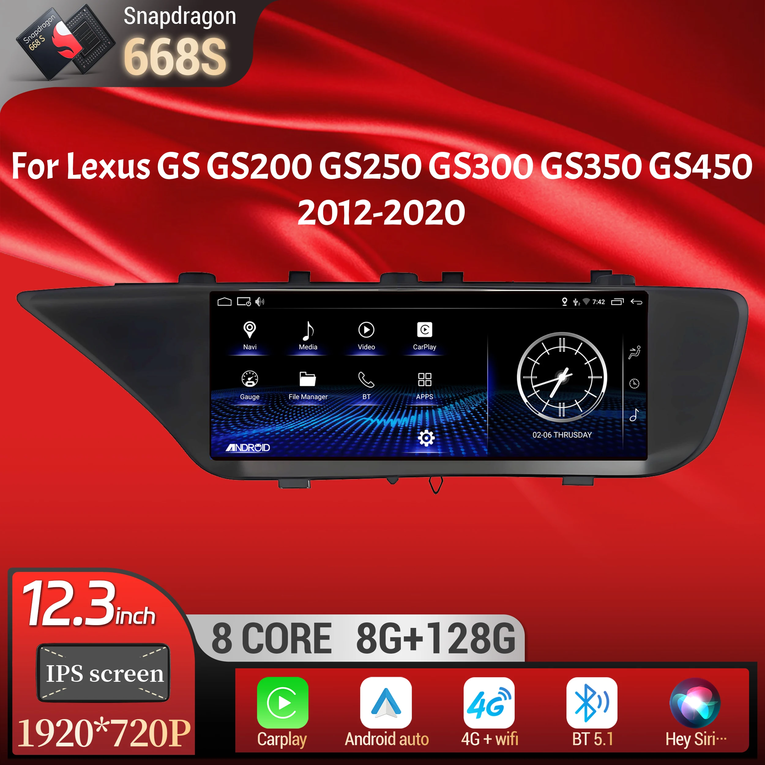 12.3inch For Lexus GS GS200 GS250 GS300 GS350 GS450 2012-2020 Android 14 Car Radio Multimedia BT Carplay Snapdragon 668S Screen