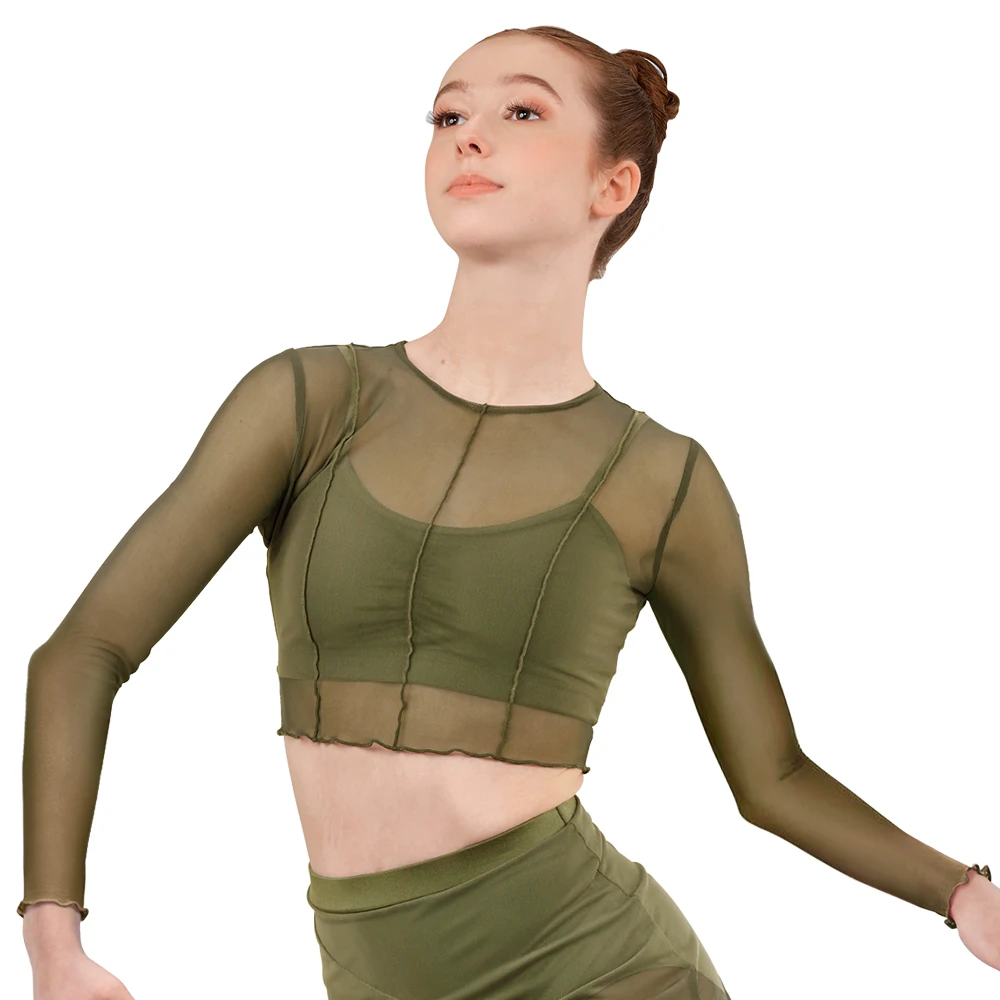 MiDee 2-częściowy siatkowy top dla dziewczynek z długim rękawem i okrągłym dekoltem Kostium do tańca jazzowego Modren Contemporary Lyrical Dance Costume — zdjęcie 3