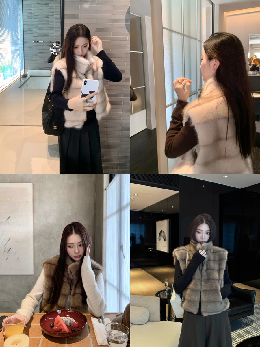 

Fall Winter New Sle Women's Stand Collar Leather And Fur Inteated Vest Svel Imitation Fur Jaet Commute Sle