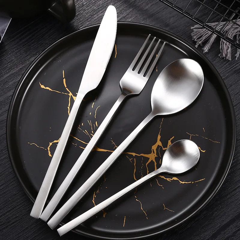 Thickened Stainless Steel Square Handle Cutlery Matte Tableware  Table Knife Salad Fork Dessert Spoon Silverware for Kitchen