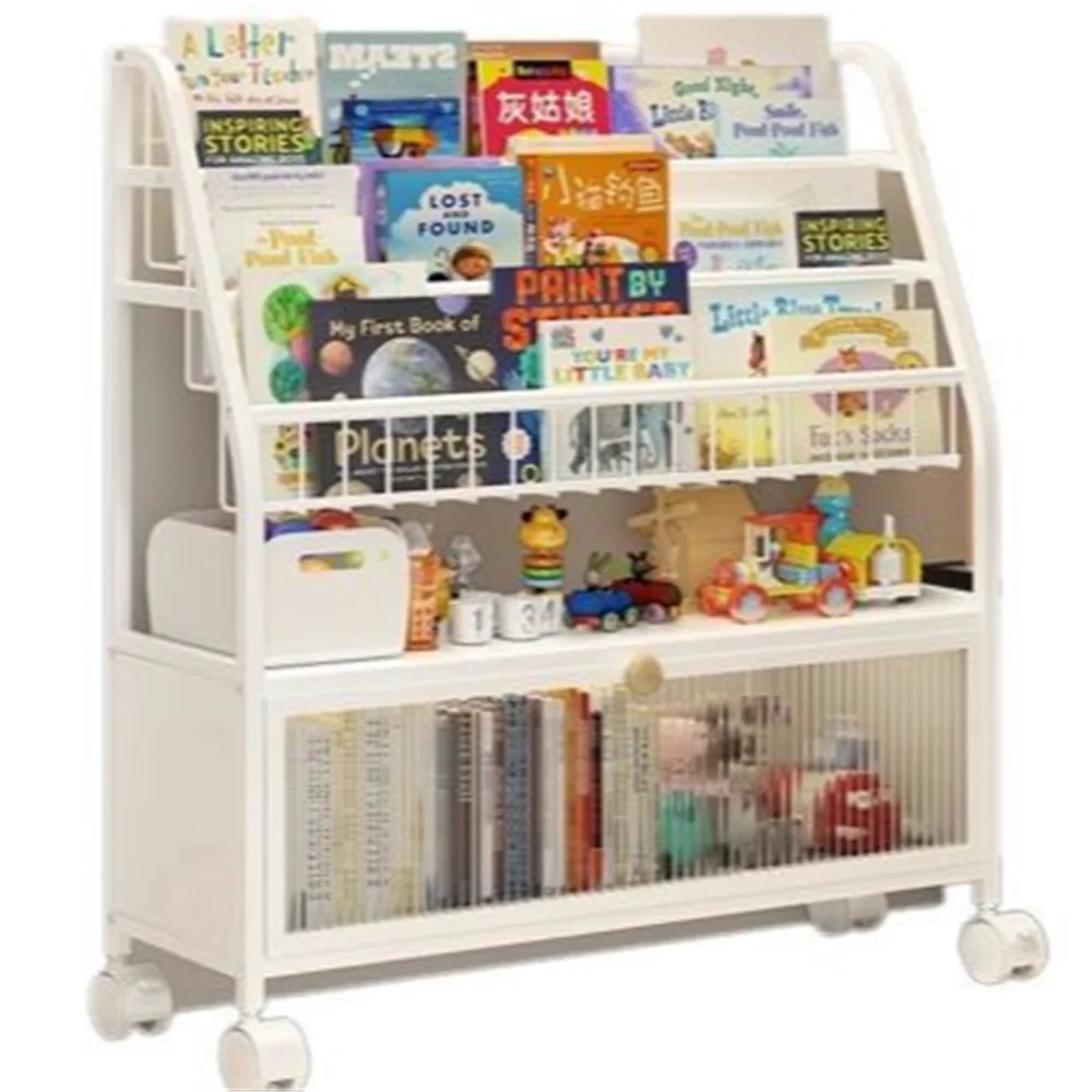 Floor Standing Multi-Layer Picture Book Storage Rack With Movable Cabinet Door Dustproof Toy Storage Rack