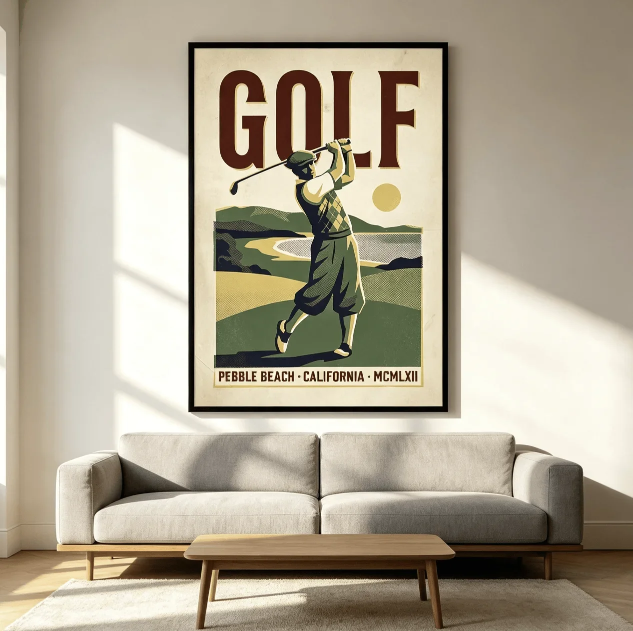 1pc frameless Canvas Painting Retro Golf Player Canvas Wall Art Prints Decor, Vintage Pebble Beach Sport Poster for Study Bar Be