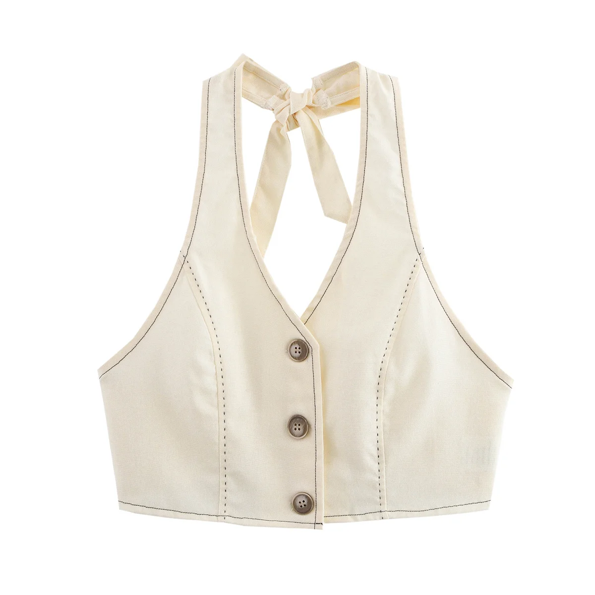 

2025 женская мода без рукавов с пуговицами, дизайнерский жилет, топы, женская повседневная блузка с открытой спиной и бантом на бретельках, рубашка LS9075