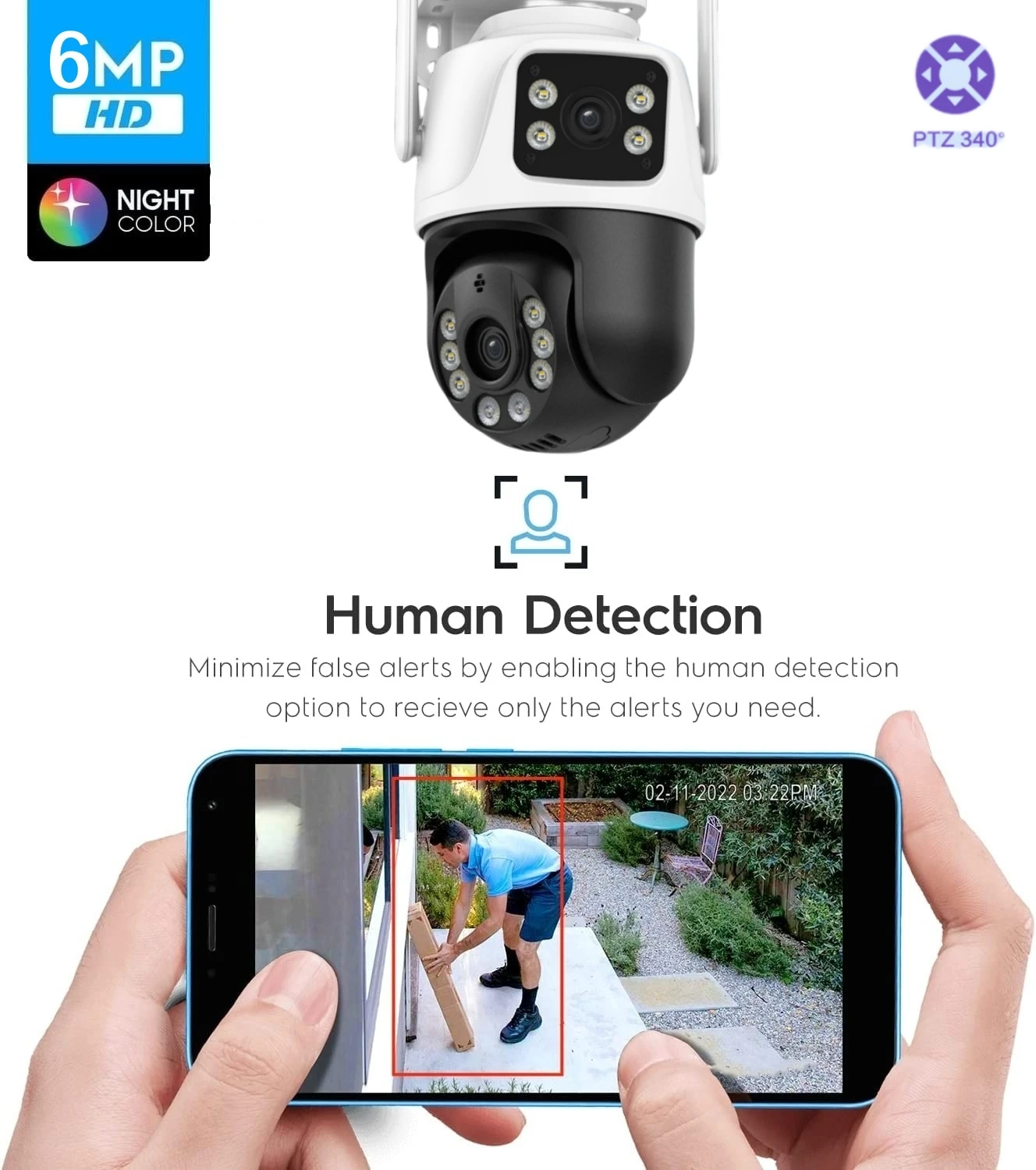 6MP WiFi Human Detection Outdoor Security Camera Dual Lens Auto Tracking Security PTZ Camera Surveillance iCsee XM NVR onvif