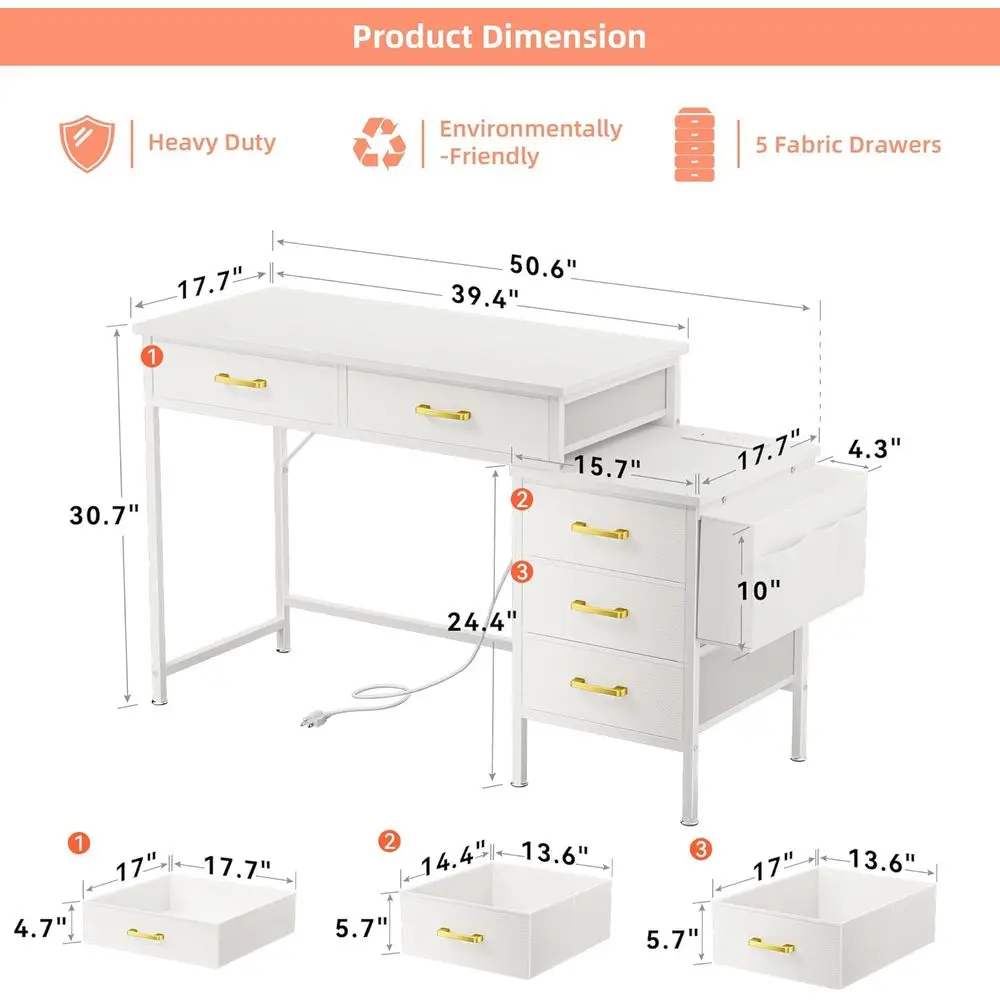 مكتب مكتب منزلي أبيض مع 5 أدراج، ومحطة شحن، وحامل طابعة للمساحات المدمجة