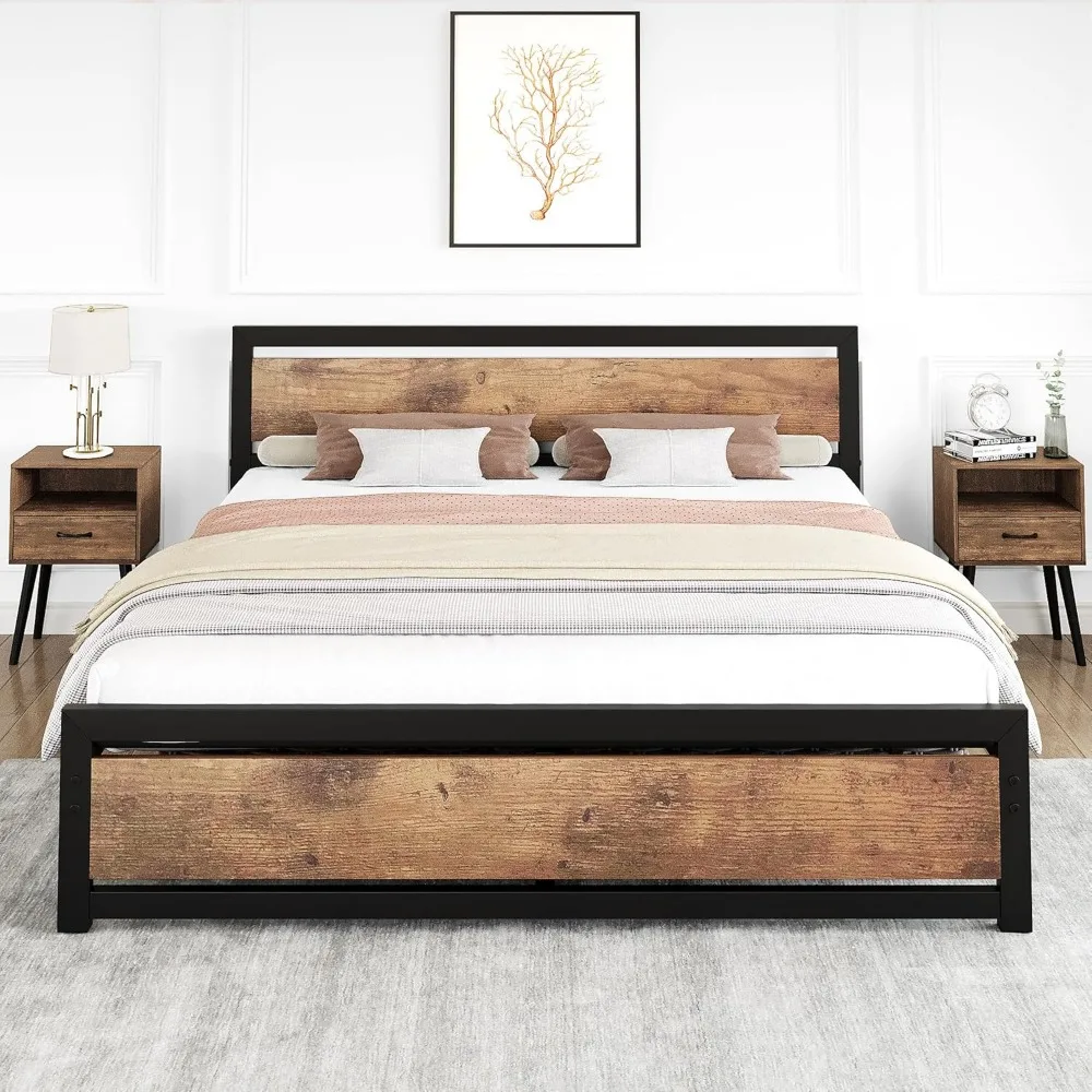

King Size Bed Frame with Wood Headboard, Industrial King Platform Bed with Heavy Duty Slat Support, 14 inch BedFrame Mattress F