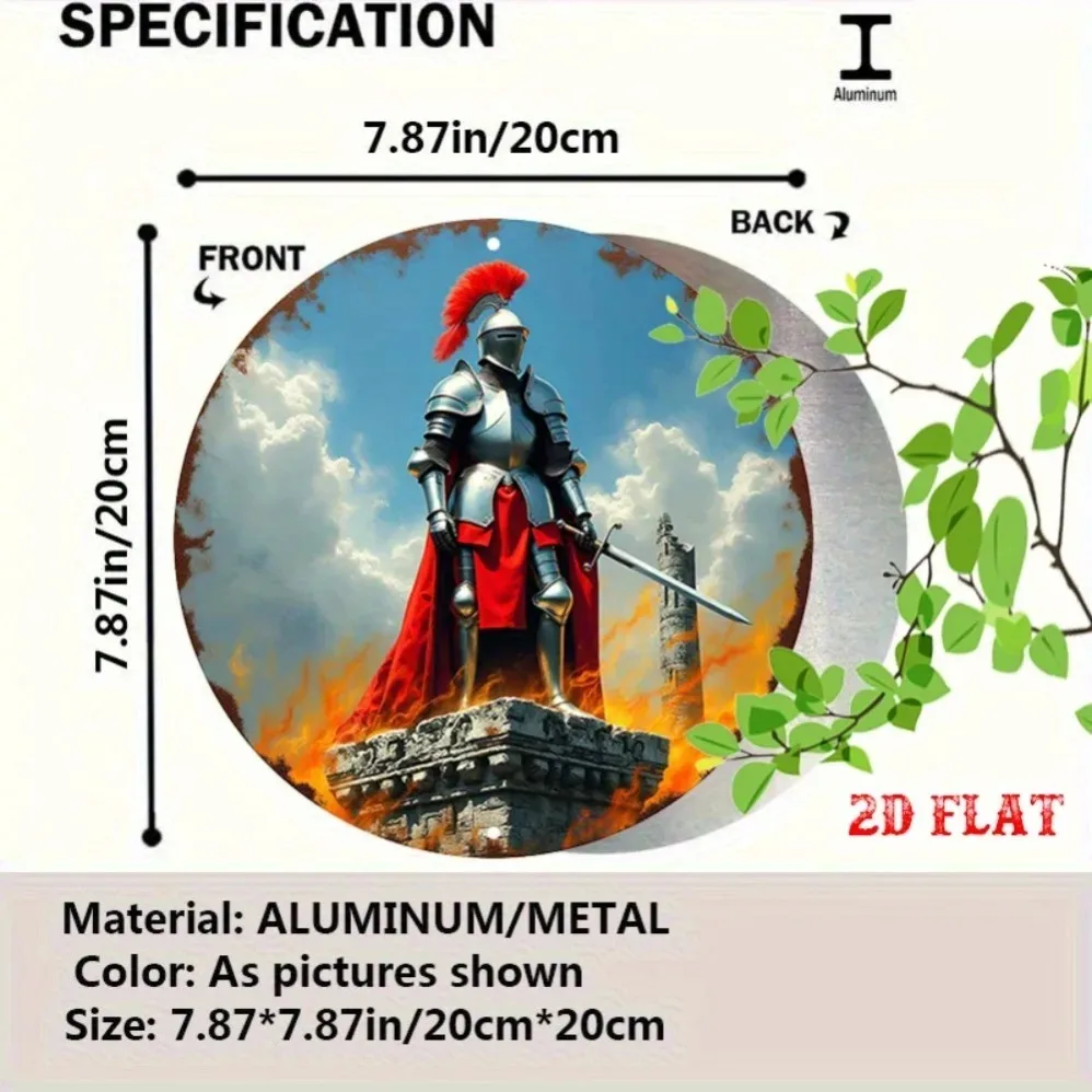 Metal Knight Wall Decor Round Aluminum Sign Medieval Armor Red Cloak Flame Ruins Art