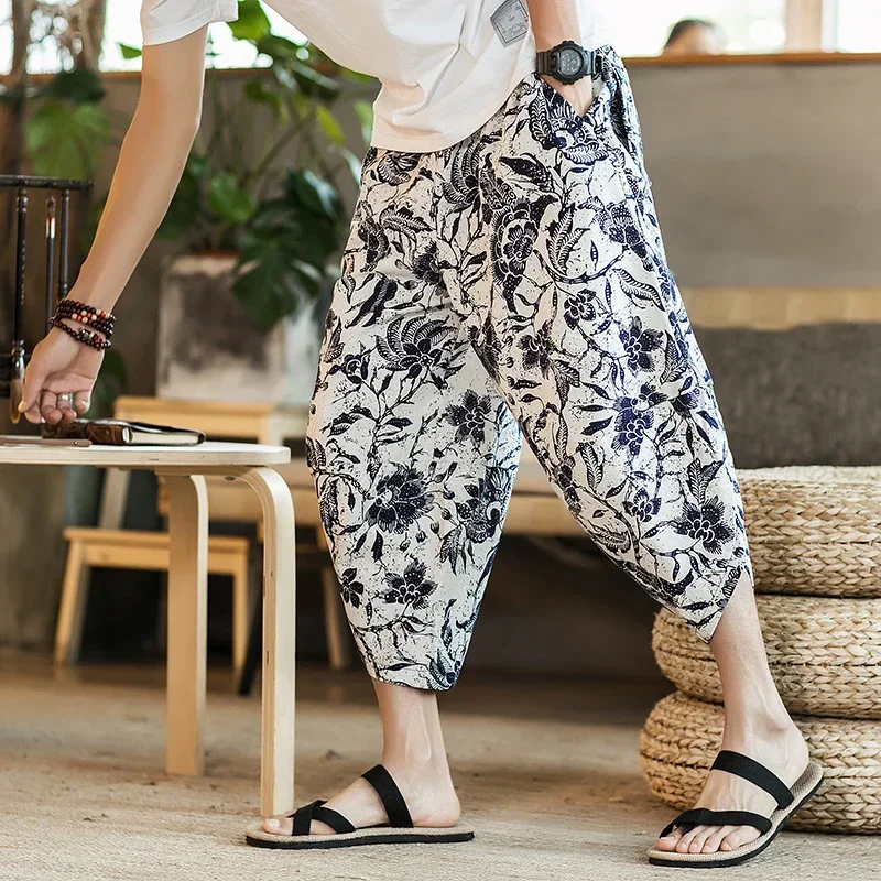 

Summer Loose Calf Length Casual Pants Men Wide Leg Cotton Linen Printing Baggy Pants Oversize Men's