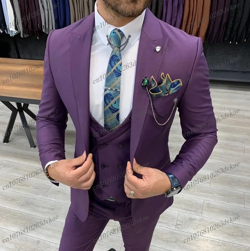 

New Formal Occasion Purple Business Men Suit Groom Groomsman Wedding Party Prom Male Tuxedos 3 Piece Set Blazer Vest Pants