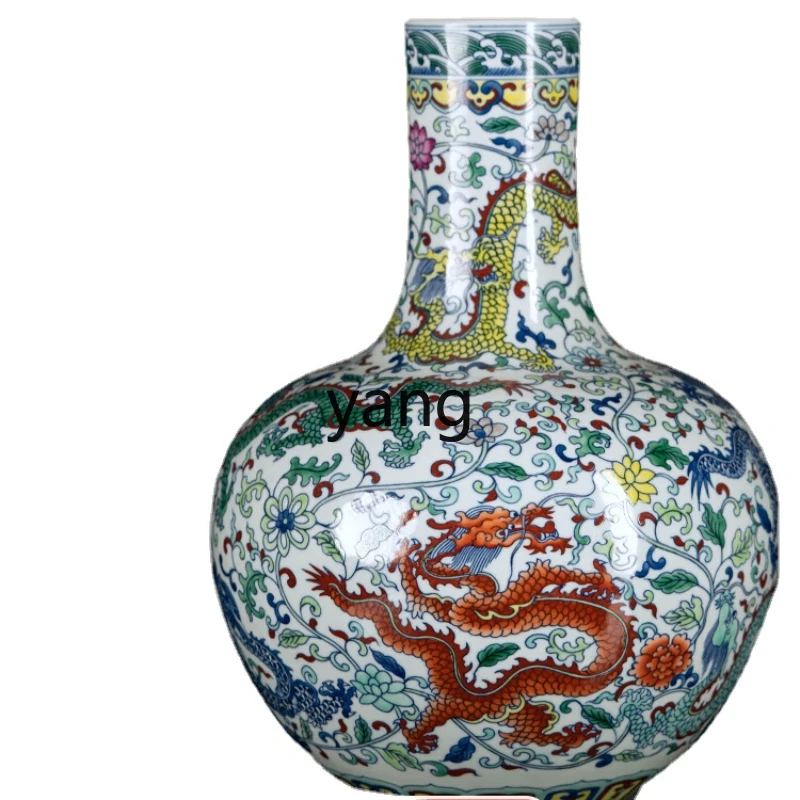 CX Ceramic Vase Chinese Retro Hand Painted Dragon Pattern Celestial Globe Vase Living Room Study High-End Decoration