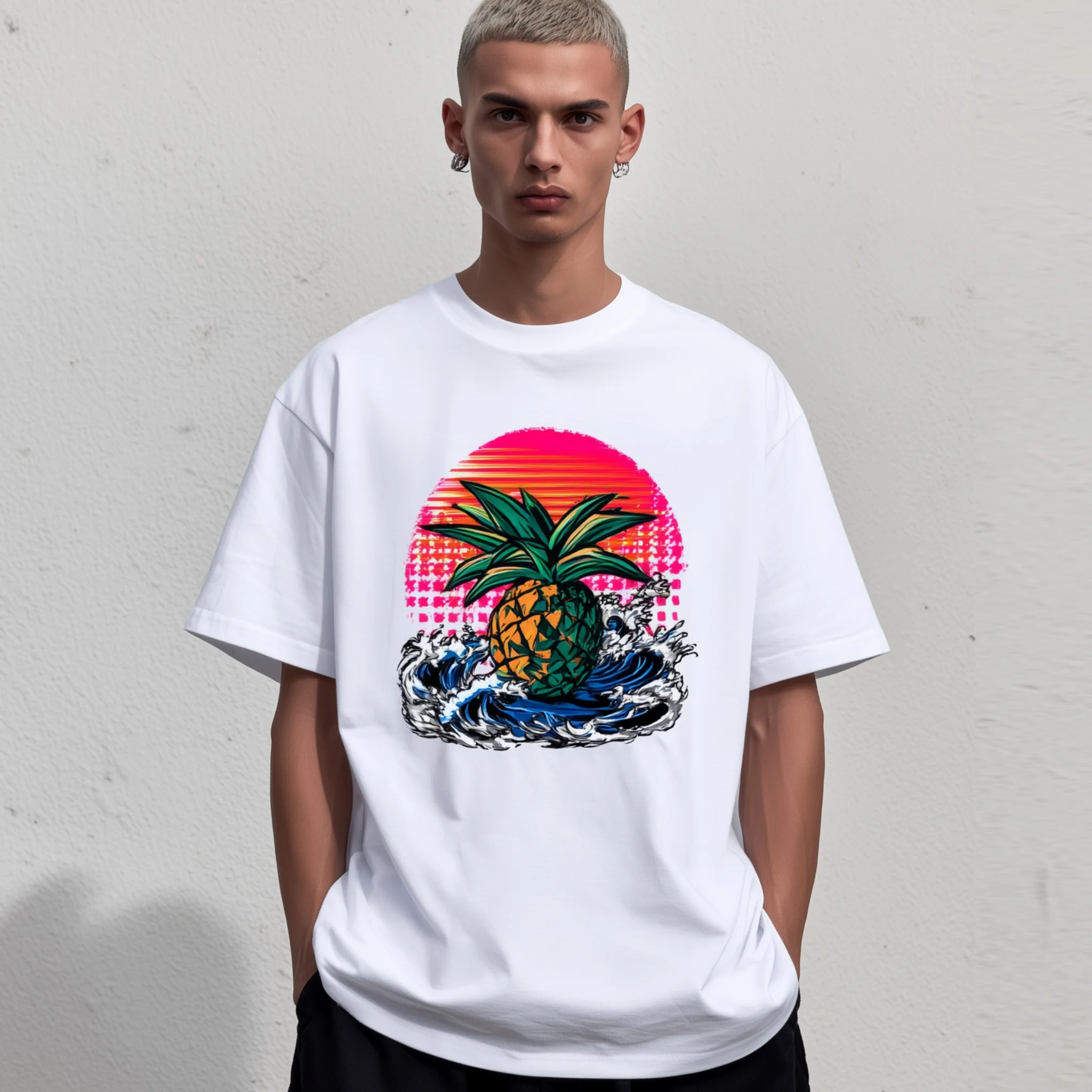 

Teevo Men's Casual T-Shirt Pineapple Sunset Beach Print Summer Vacation Wear