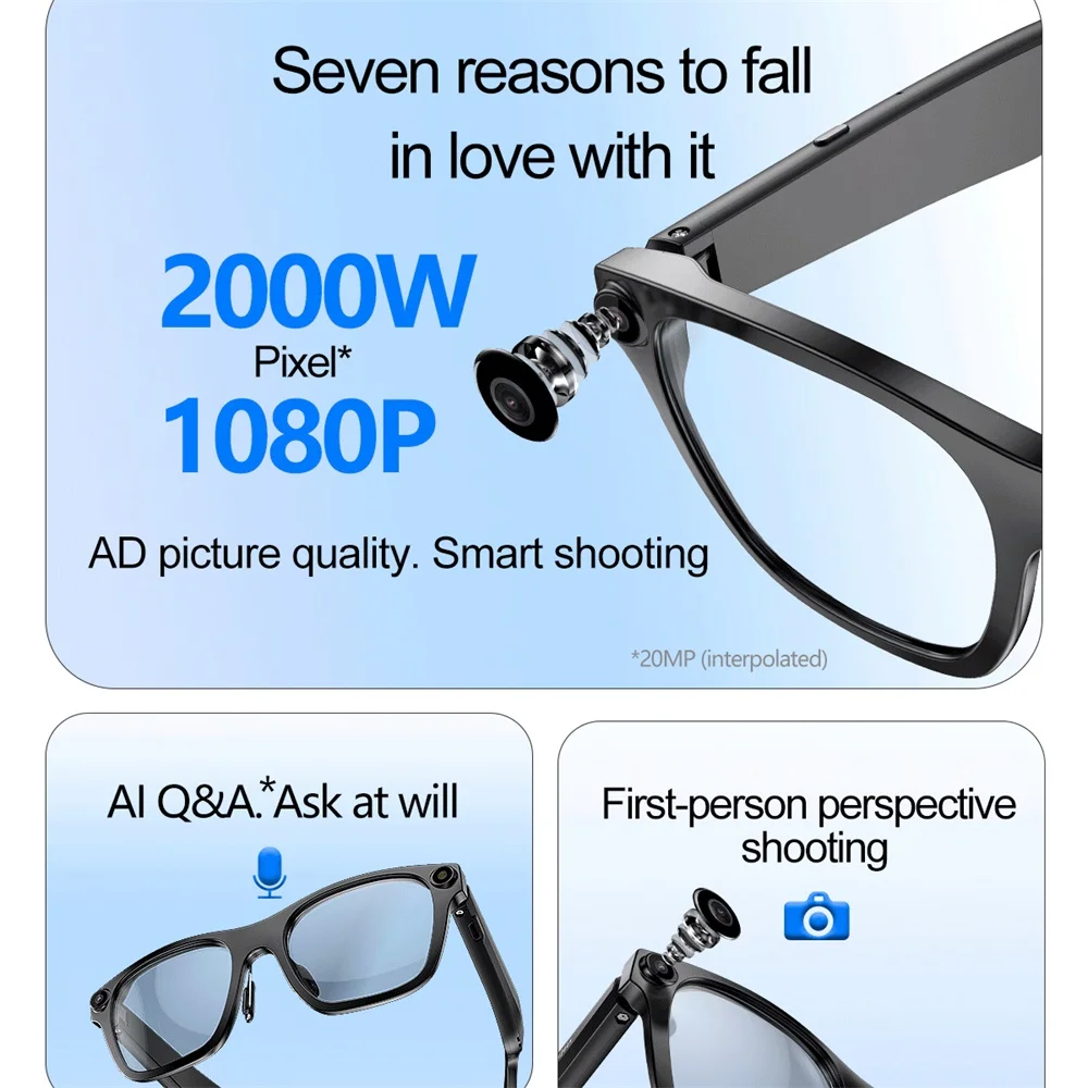 AI Object Recognition Multi-functional Highend Smart Camera Glasses 2000W 1080P HD Video Voice Recording Translation ANC Headset