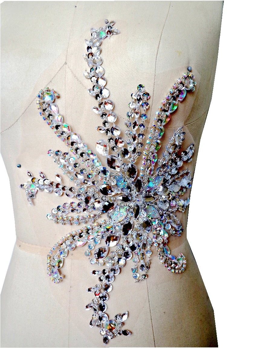 Argento/trasparente AB colore fatto a mano 32*21cm patch di paillettes di cristallo cucire su strass applique trim per accessorio abito