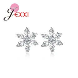 Simple Dainty Elegant Snowflake 925 Sterling Silver Color Cubic Zirconia Stud Earrings for Women Banquet Decoration Gift
