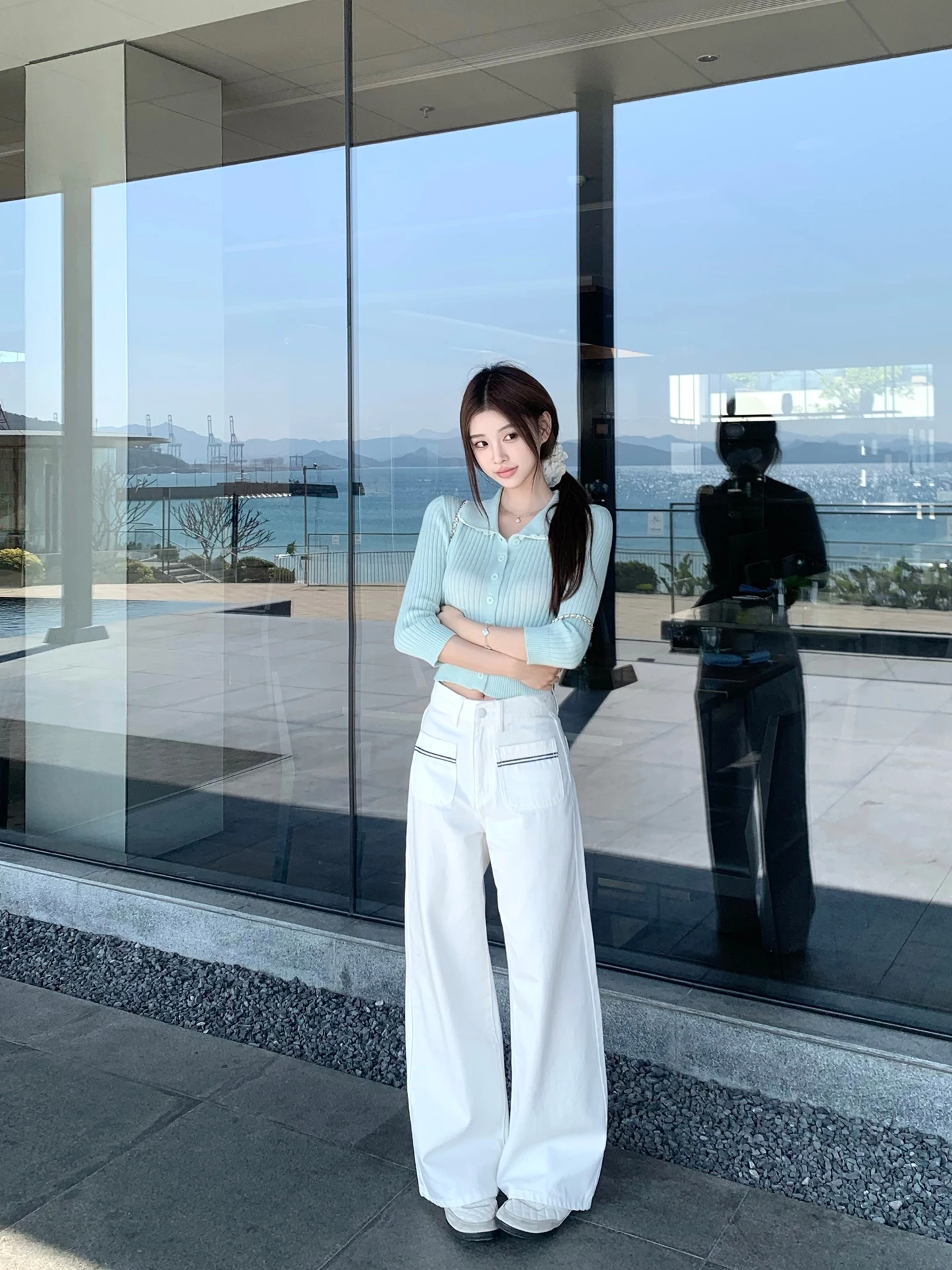 

Titi Little Sister White Denim Jeans Women's Loose Fit Cotton Straight Leg Long Trousers Vintage Sle l Waist Button C...