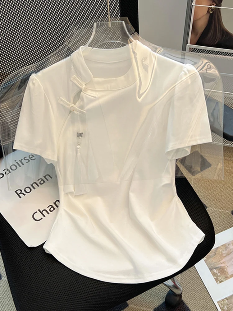 新しい中国風スレオルトスヴェティート女性用サマーラウンドネックボタンアップトップス、肩丈ストレートカットベーシックカラーブロ