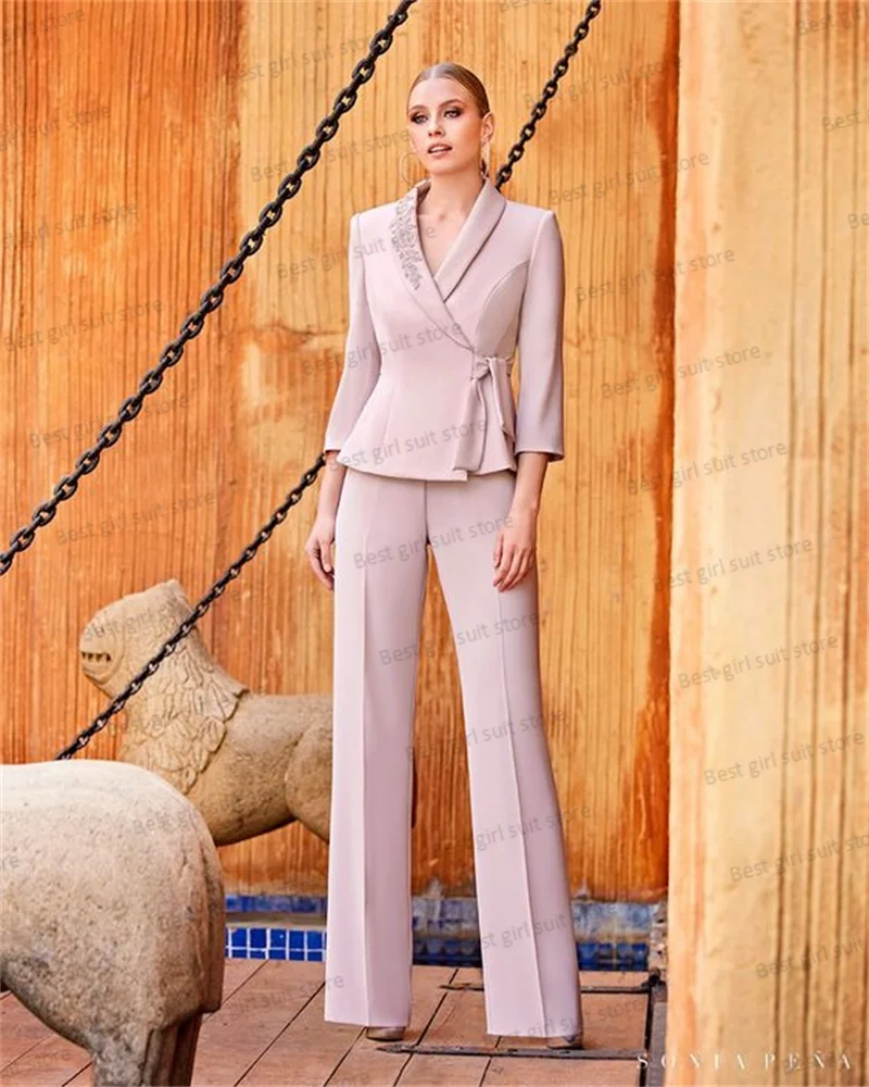 Elegant Wedding Women Suit Set Blazer+Pants 2 Pieces Prom Dress Appliqued Party Jacket With Belt 3/4 Full Long Sleeves Tailored