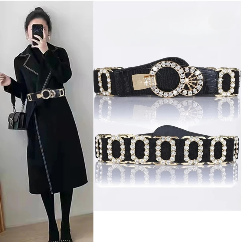 

Western Rhinestone PU Leather Elastic Women Waistband Belt Fashion Dress Coat Sweater Cummerbund for Ladies