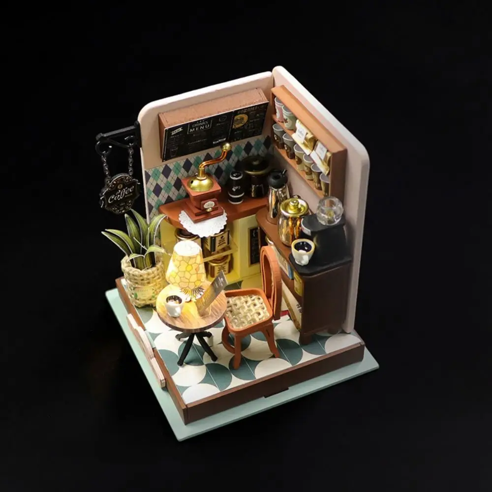Handmade Coffee Shop Dollhouse Kit Wooden Material Mini Size DIY 3D Puzzle 3D Design Assembly Required Wooden Assembly
