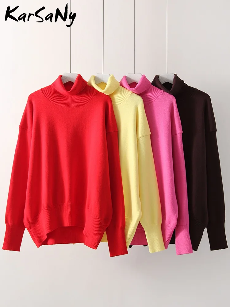 Basic Turtleneck Sweater Women 2024 Autumn Oversized Red Knitted Pullovers Solid Long Sleeve Warm Sweaters For Women Winters