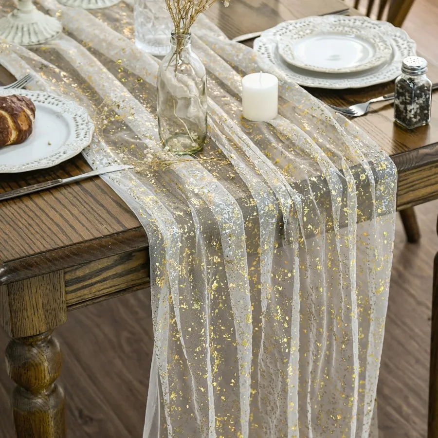 

Beige Gold Gauze Table Runner 120 Inch 10FT Glitter Metallic Foil Sheer Dining Wedding Anniversary Holiday Birthday Table Deco